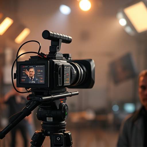 Cﾃ｢mera de vﾃｭdeo profissional gravando em um set de filmagem