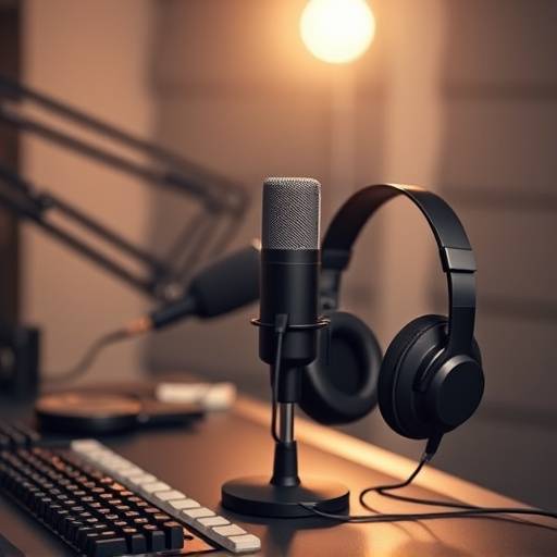 Microfone para podcast em mesa de gravaﾃ､ﾃ｣o com fones de ouvido